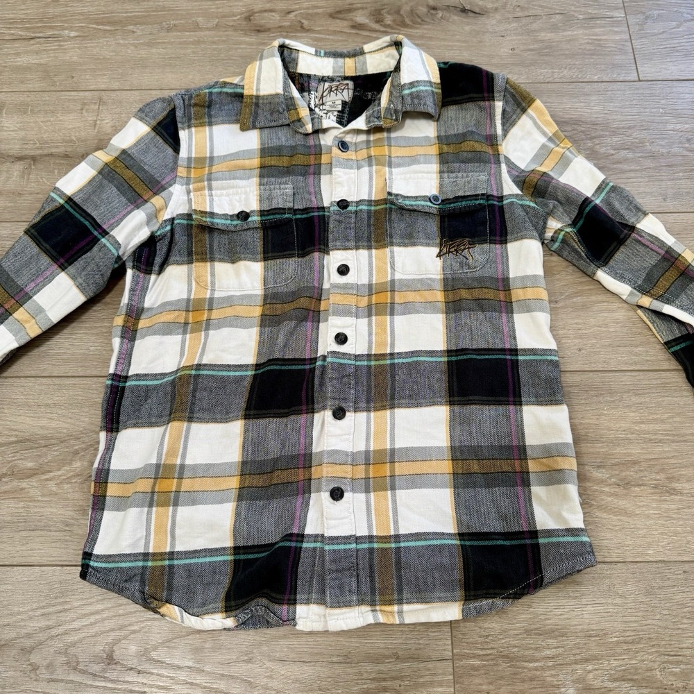 Y2k skater Kirra Women Plaid Flannel Button Down Shirt Gray Yellow Cotton Size M